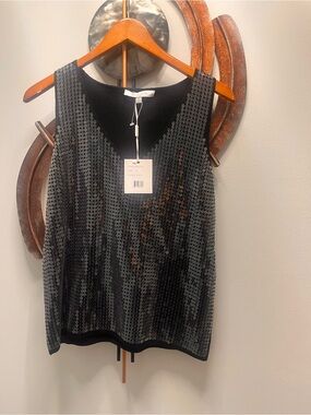 Sleeveless Black Sequin V-Neck Tank Top M